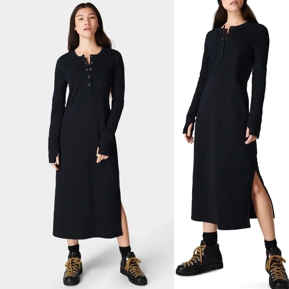 Sweaty Betty Ribbed Knit Henley Midi Black Dress 12